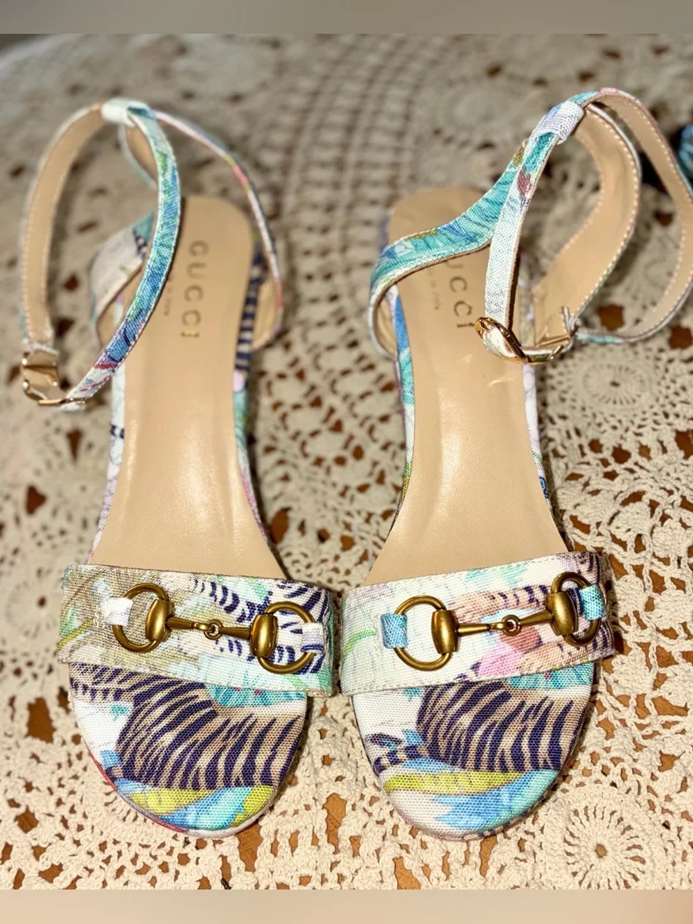 Gucci Floral Tiger Print Platform Wedges with Horsebit Detail